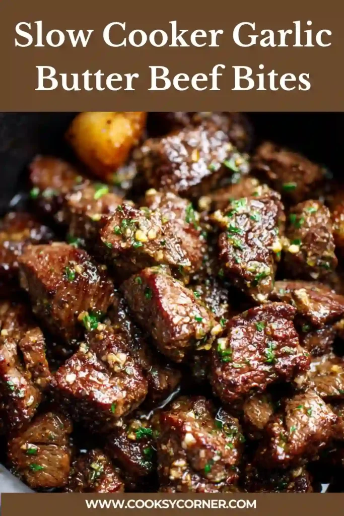 Crockpot filled with juicy garlic butter beef bites and golden potatoes cooked until fork tender.