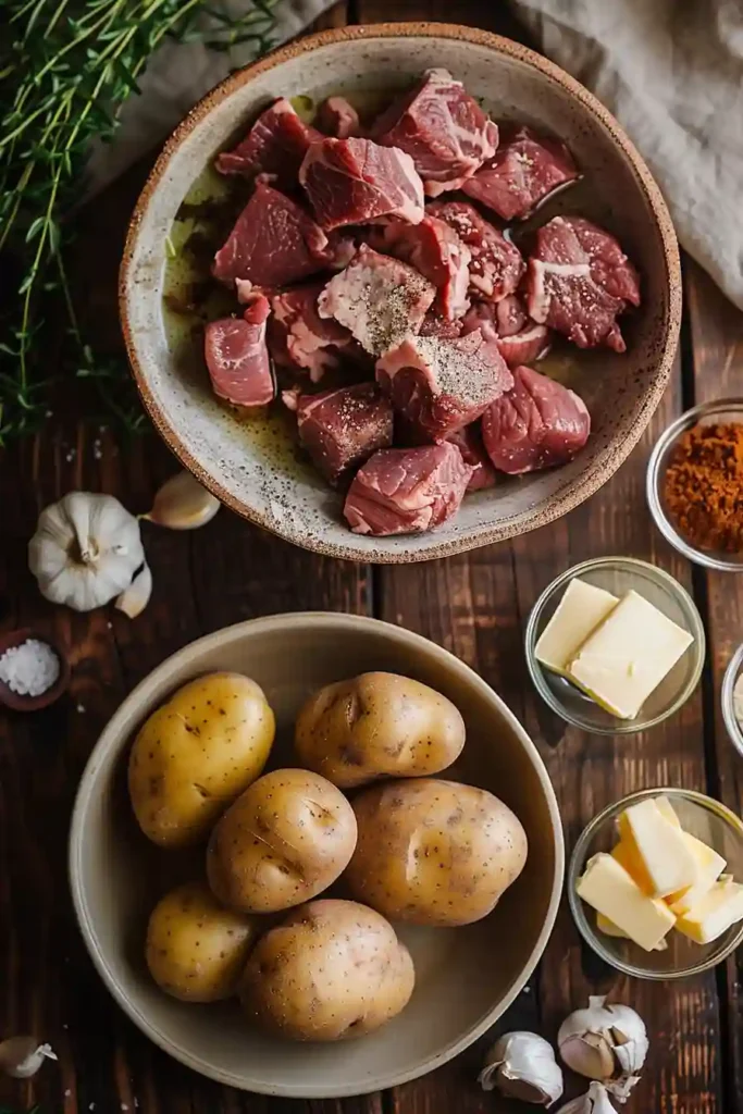 Hearty slow cooker garlic butter beef and potatoes in a rustic bowl with fresh parsley garnish.