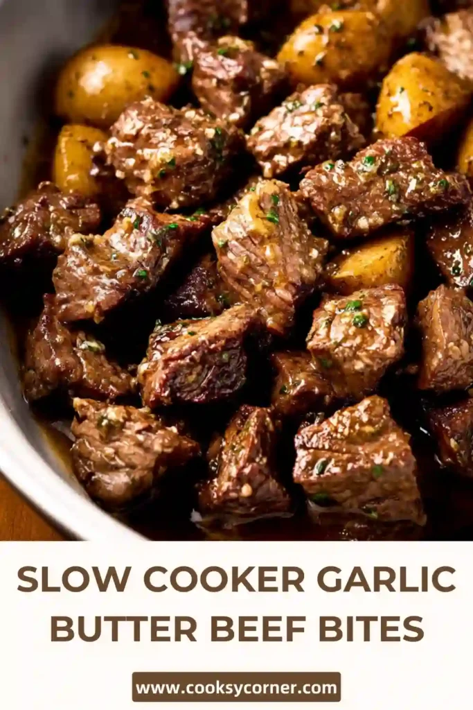 Slow Cooker Garlic Butter Beef Bites with tender beef cubes and baby Yukon gold potatoes coated in rich garlic butter sauce.
