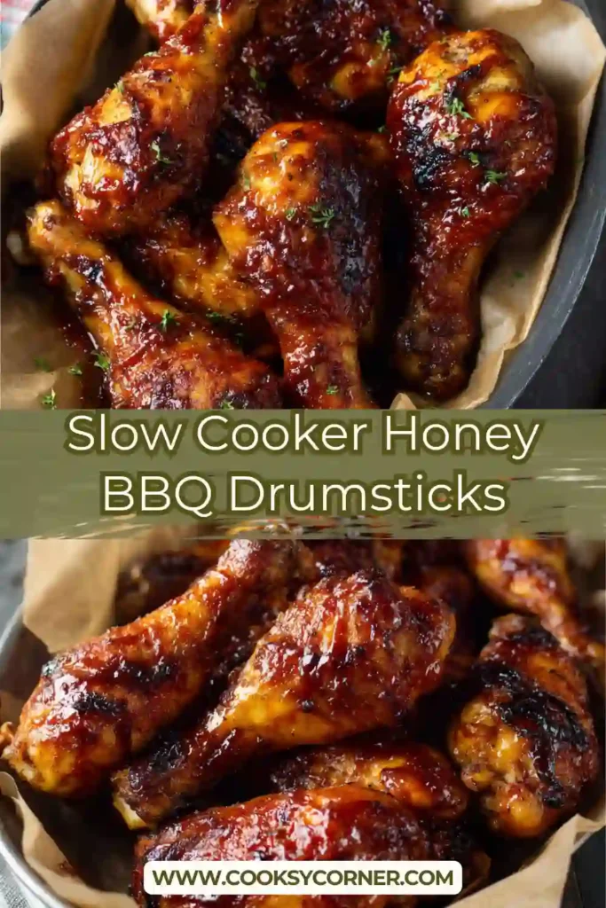Crockpot honey barbecue chicken legs with glossy sticky sauce.
