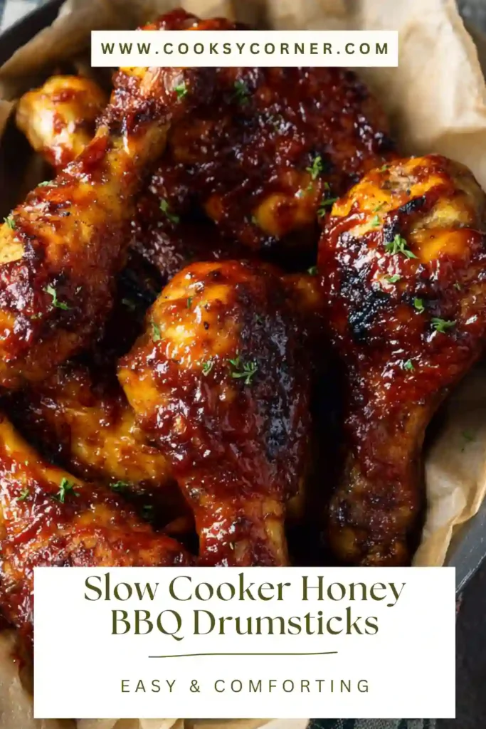 Slow Cooker Honey BBQ Drumsticks glazed with sticky barbecue sauce on a serving platter.