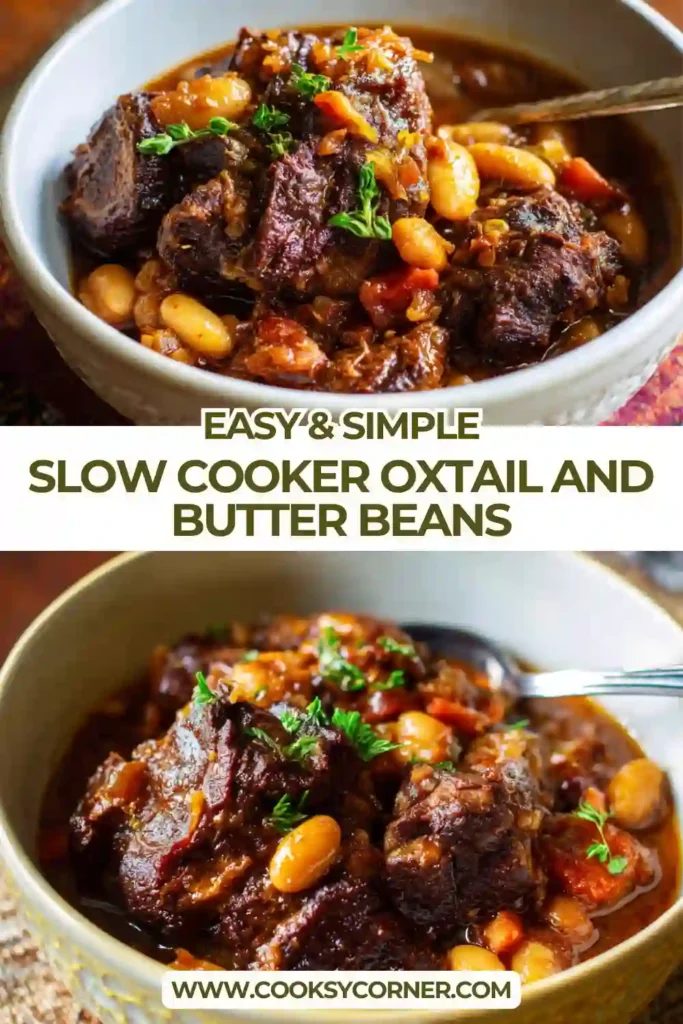 Close up of tender oxtail stew with butter beans and carrots in savory sauce.