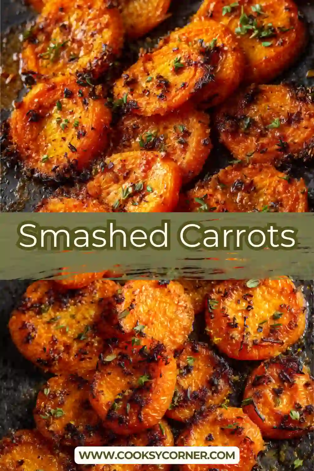 Smashed Carrots roasted on a baking sheet with caramelized edges and light char.