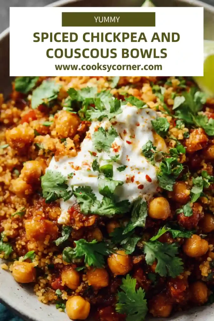 Vegetarian couscous bowl with spiced chickpeas and toasted pita wedges.