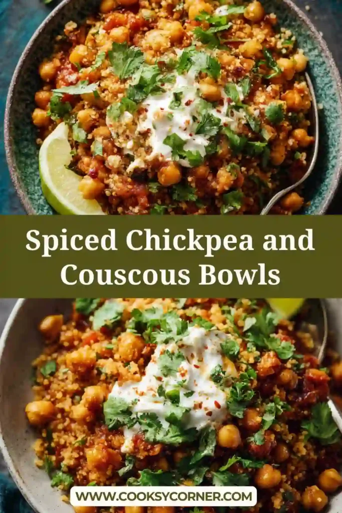 Spiced Chickpea and Couscous Bowls topped with cucumber, fresh herbs, and yogurt drizzle.