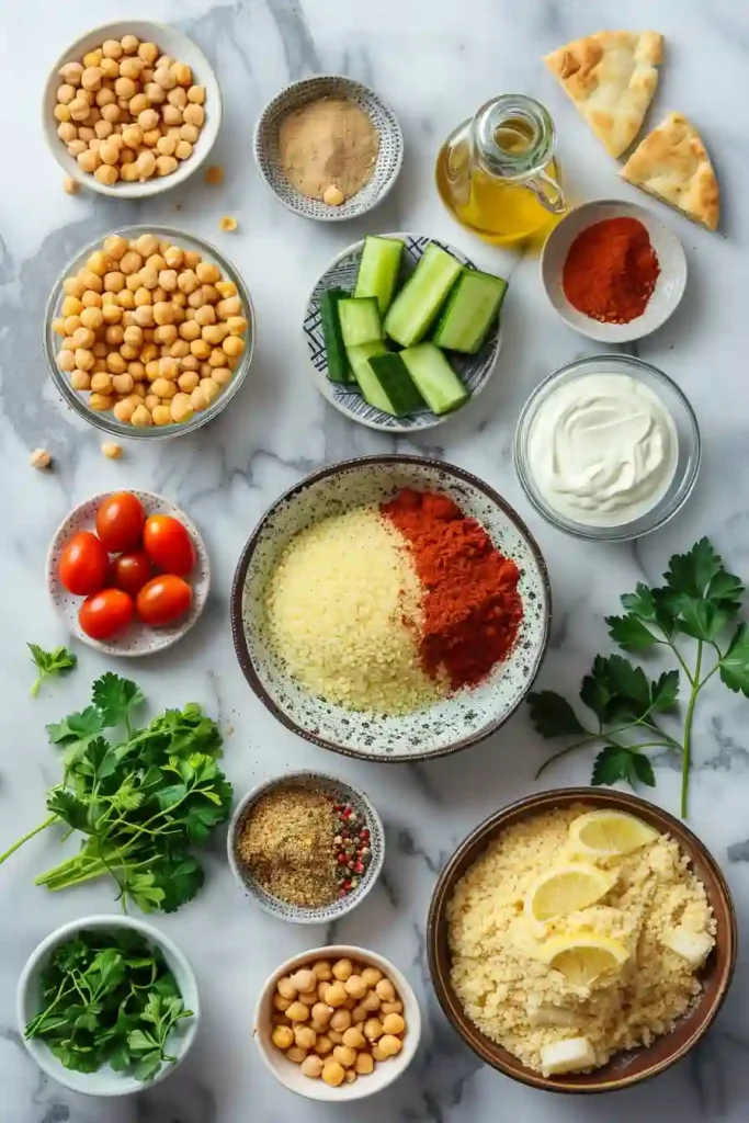 Middle Eastern inspired chickpea bowl with lemon and olive oil drizzle.