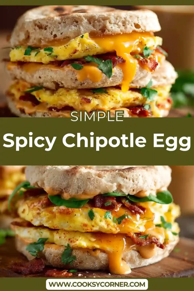 Close-up of cheesy egg breakfast sandwich layered with beef strips and smoky chipotle yogurt sauce.