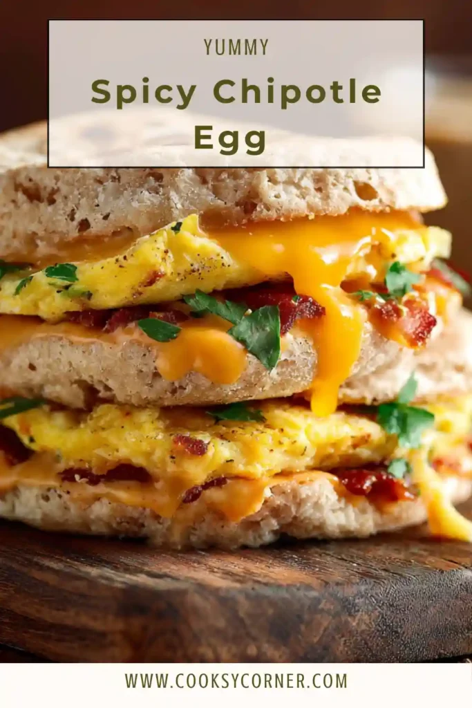 Spicy Chipotle Egg Breakfast Sandwich with fluffy baked eggs, seasoned beef strips, melted cheese, and creamy chipotle sauce on a toasted English muffin.