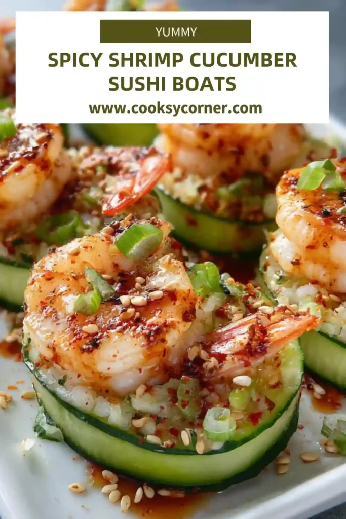 Cucumber sushi boats filled with rice, shrimp, and spicy mayo.