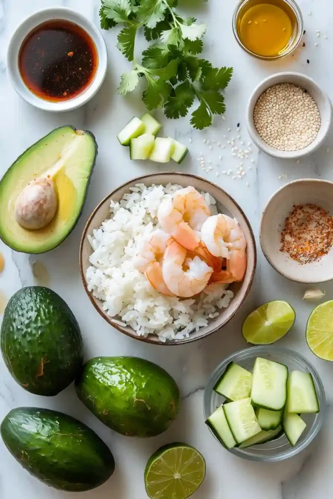 Low-carb cucumber sushi boats with spicy shrimp.