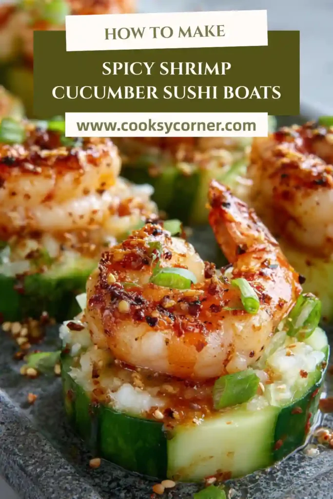 Spicy shrimp cucumber sushi boats topped with avocado and sesame seeds.