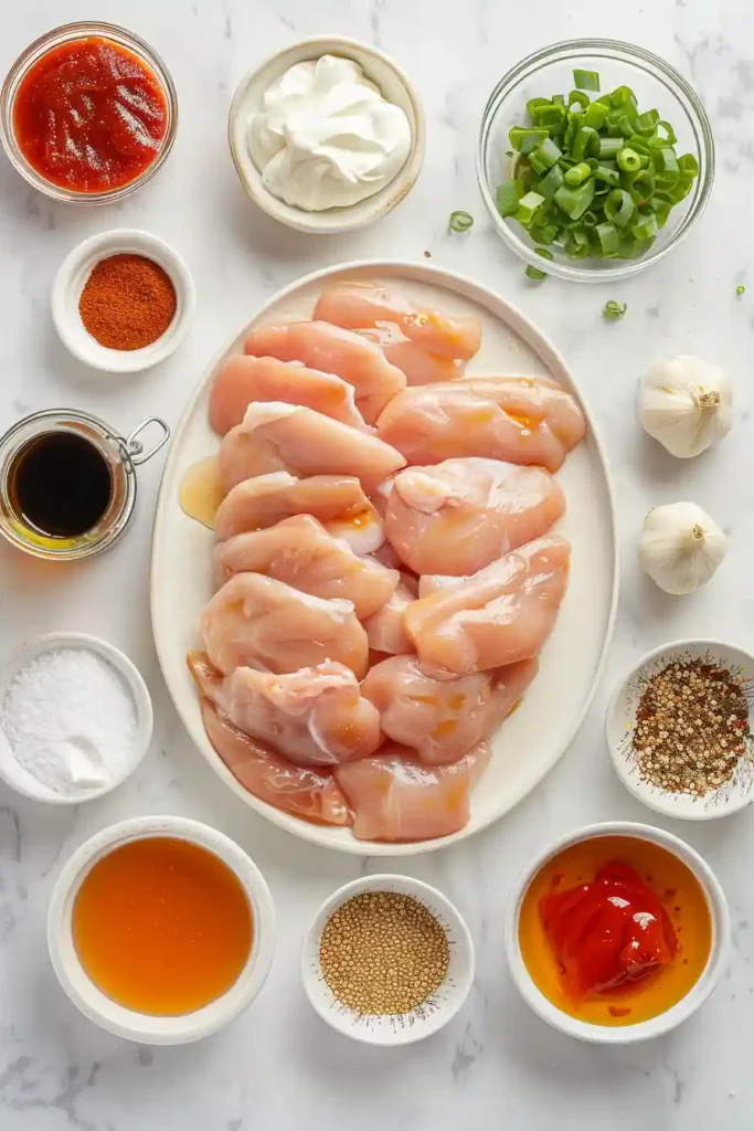 Creamy spicy chicken breast served over rice with rich red sauce.