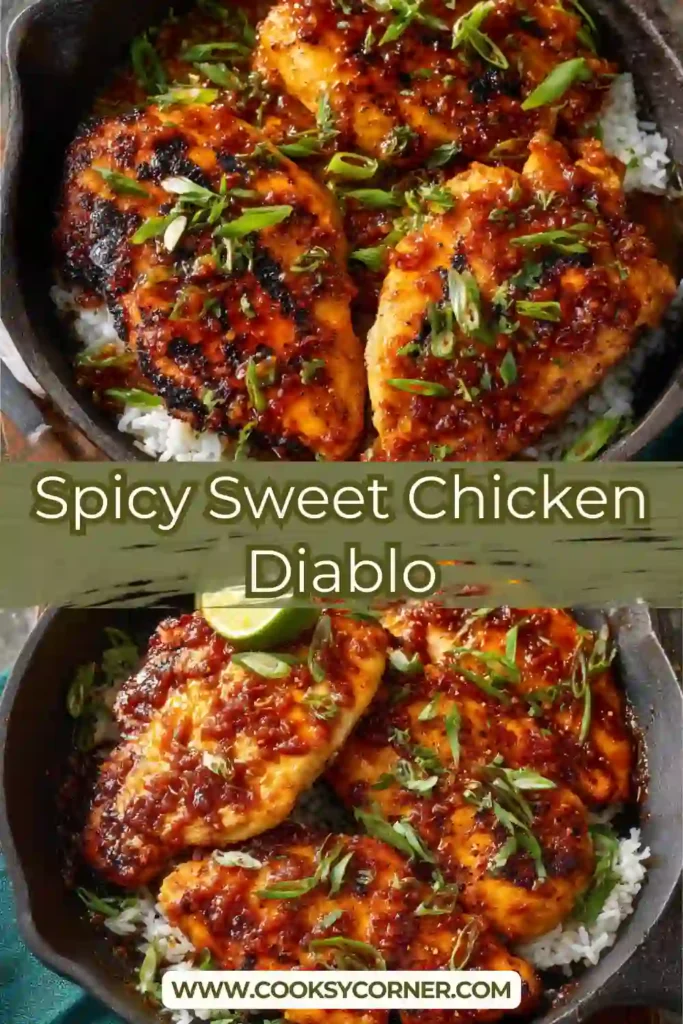Spicy Sweet Chicken Diablo served in a skillet with creamy red sauce and chopped scallions on top.