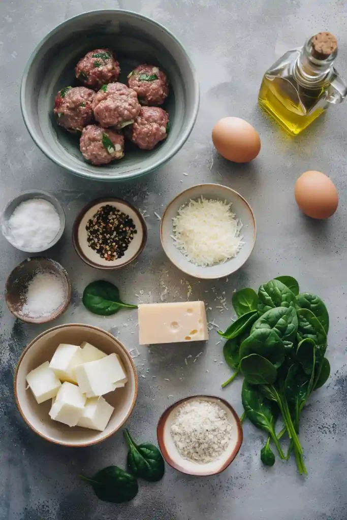 Garlic spinach meatballs stuffed with cheese in a skillet.