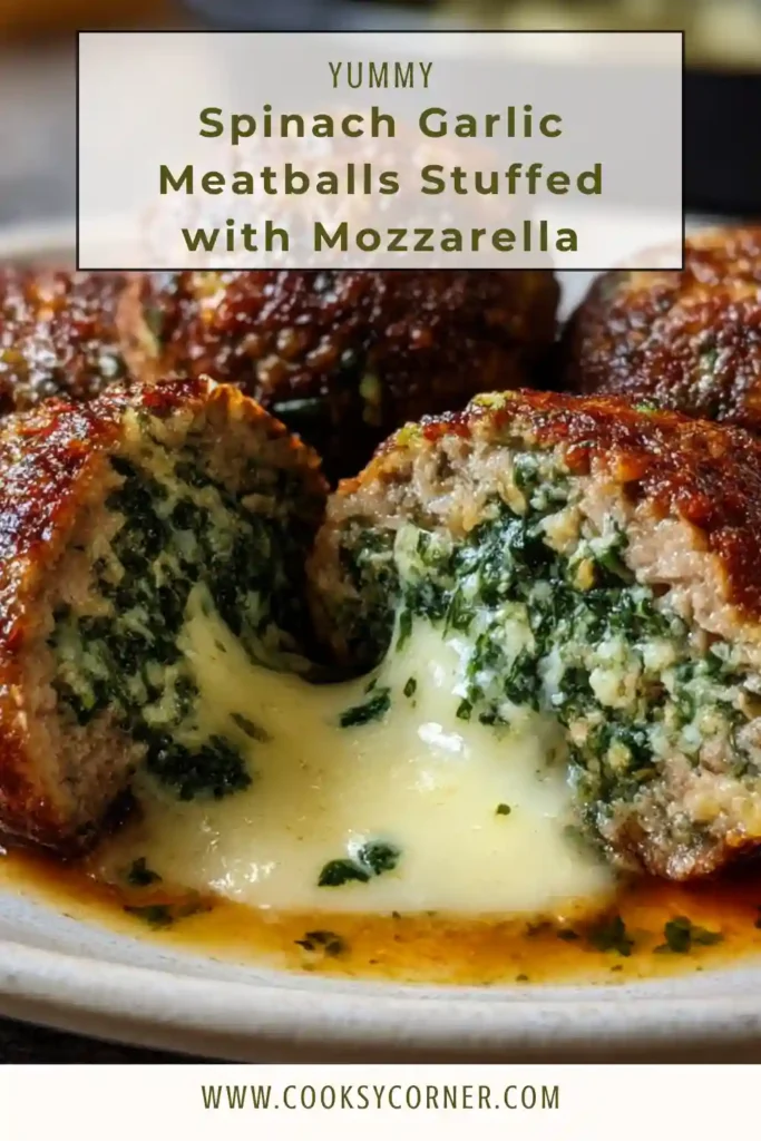 Mozzarella stuffed meatballs with spinach and garlic served warm.