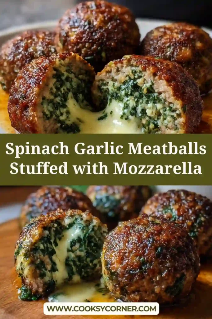 Spinach garlic meatballs stuffed with mozzarella cheese, cooked until golden.