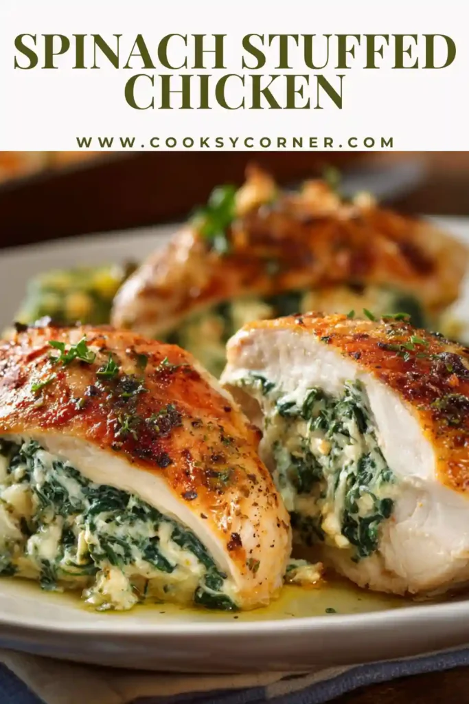 Close-up of spinach and cheese stuffed chicken breast.