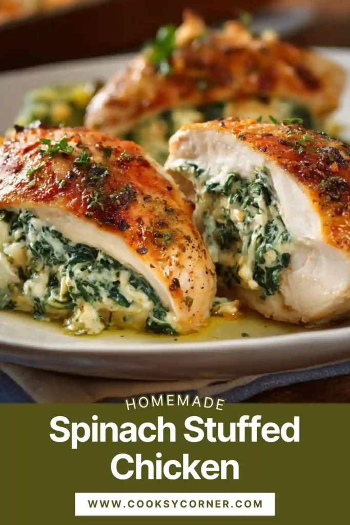 Baked spinach stuffed chicken breasts served hot.