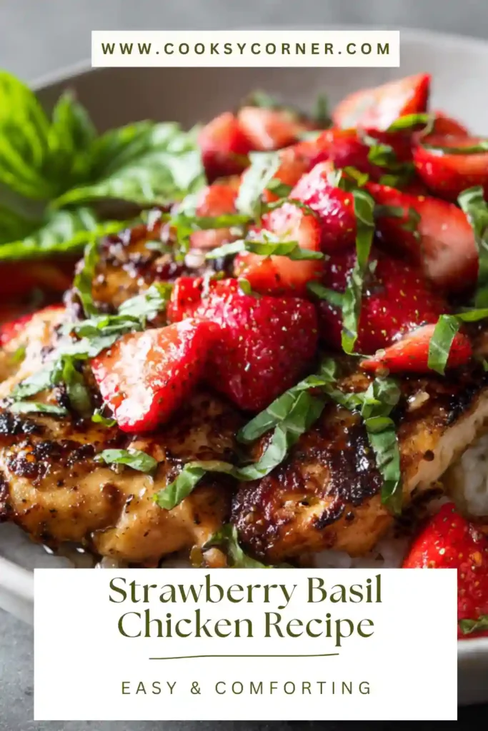 Summer Strawberry Basil Chicken plated with bright red strawberries and green basil. Fresh and colorful balsamic chicken recipe.