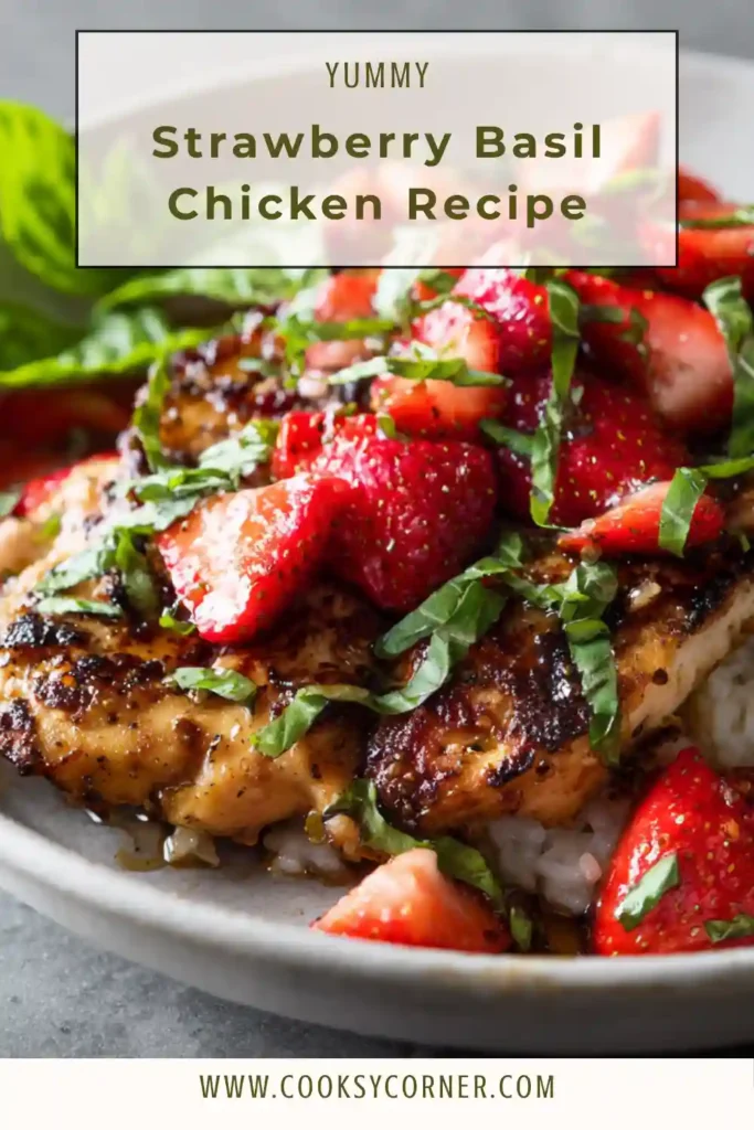 Close-up of Strawberry Basil Chicken with glossy balsamic drizzle and fresh herbs. Tender golden chicken breast topped with sweet strawberries.