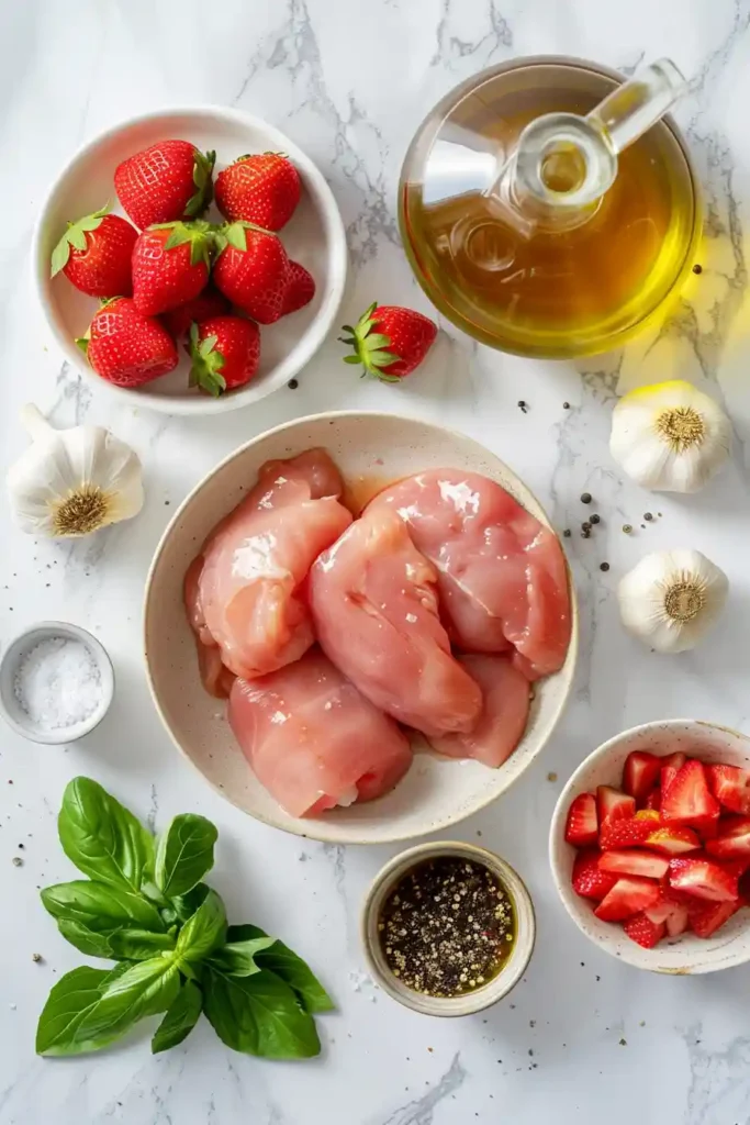 Skillet-cooked Strawberry Basil Chicken garnished with chopped strawberries and basil. Light and flavorful summer chicken dinner idea.