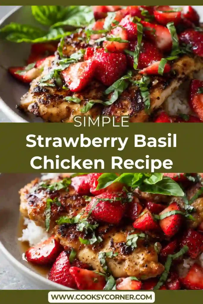 Strawberry Basil Chicken served in a skillet topped with fresh chopped strawberries and basil leaves. Juicy balsamic chicken breast with a vibrant summer topping.