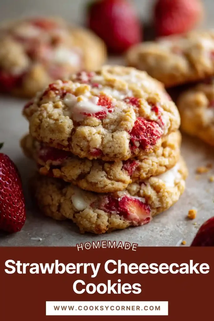 Bakery-style strawberry cheesecake cookies cooling on a baking sheet with crumbs on top.