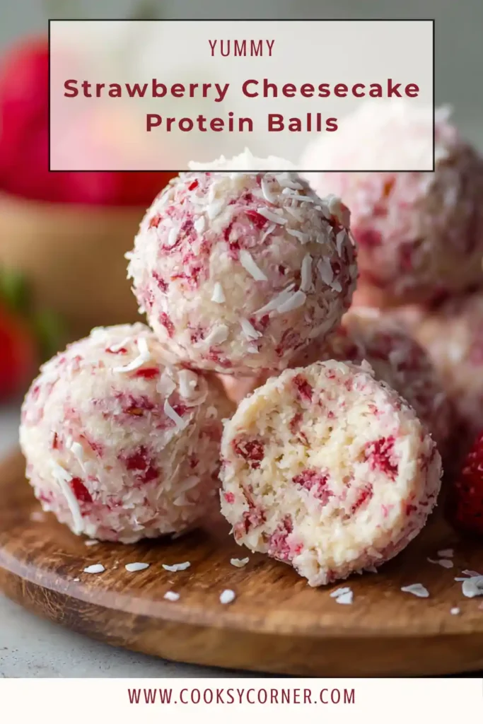 Strawberry Cheesecake Protein Balls arranged on a white plate with visible strawberry pieces and a soft creamy texture, perfect as a healthy high protein snack.