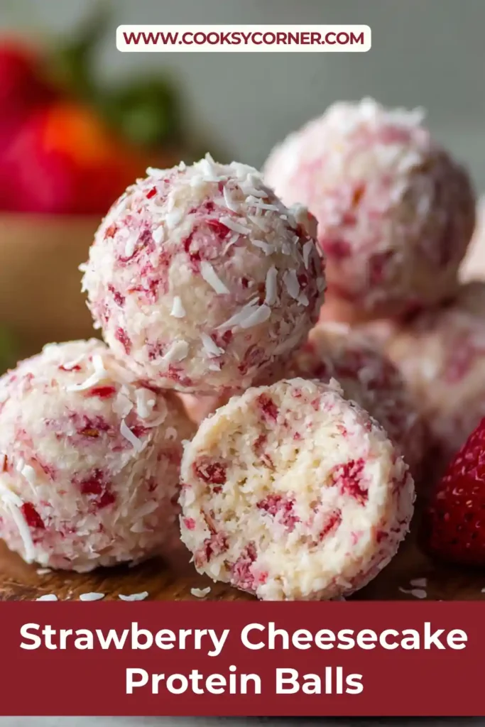 Homemade Strawberry Cheesecake Protein Balls on parchment paper, showing their smooth texture and pink strawberry flecks.