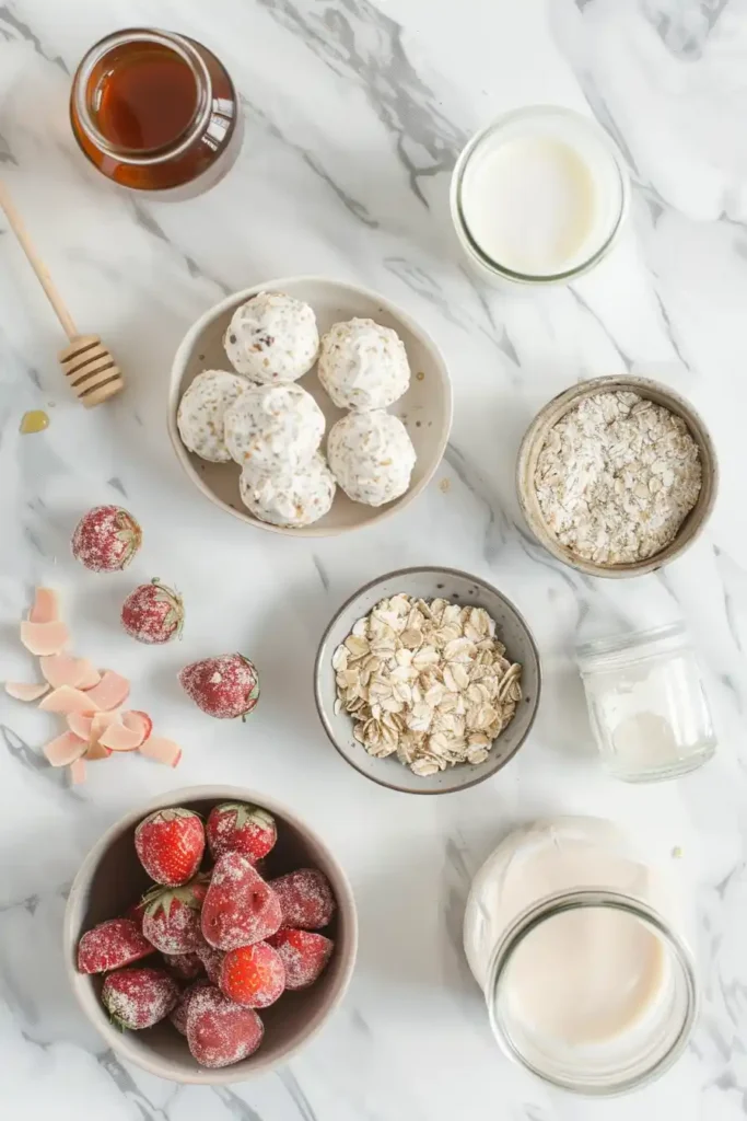 Healthy strawberry cheesecake protein bites served as a meal prep snack in a glass container.