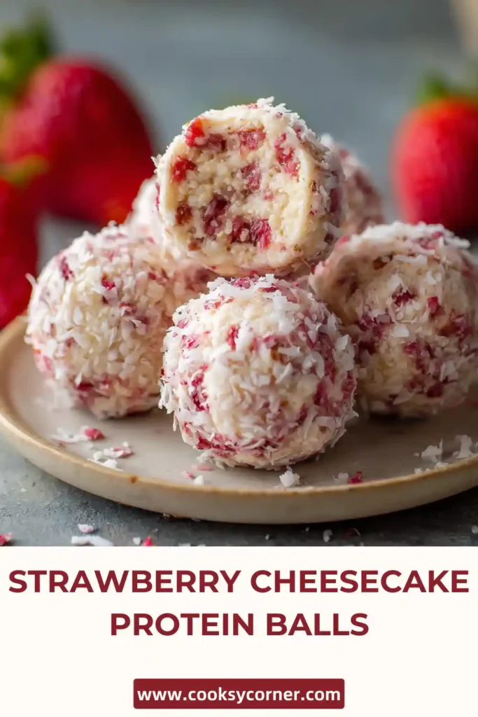 Close-up of no bake strawberry cheesecake energy bites made with almond flour, oats, and vanilla protein powder.
