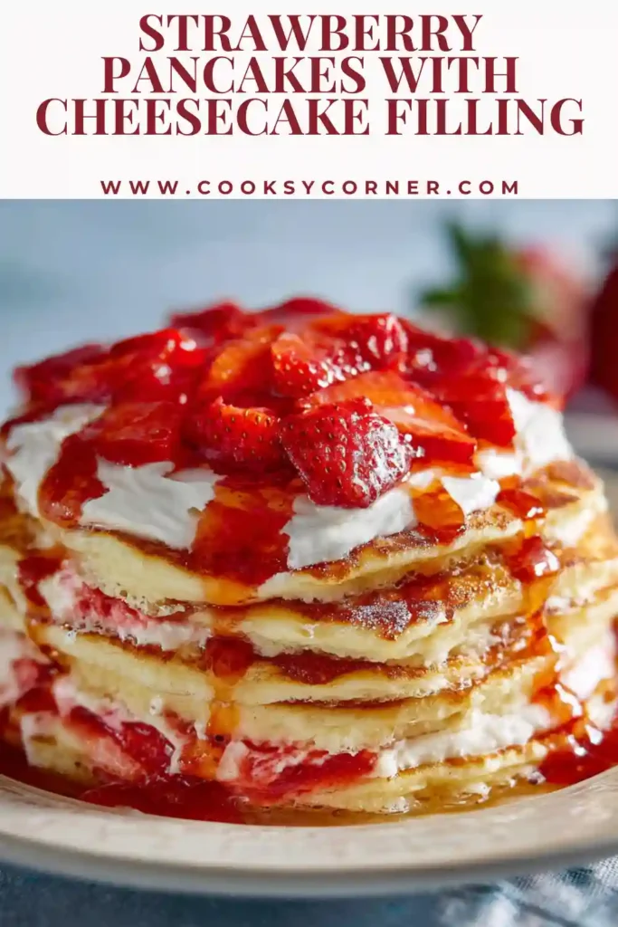 Close-up of strawberry pancakes with fresh strawberry topping and cream cheese filling.
