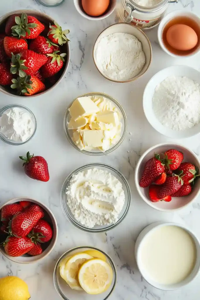 Brunch-style strawberry pancakes with cheesecake layers and whipped cream.