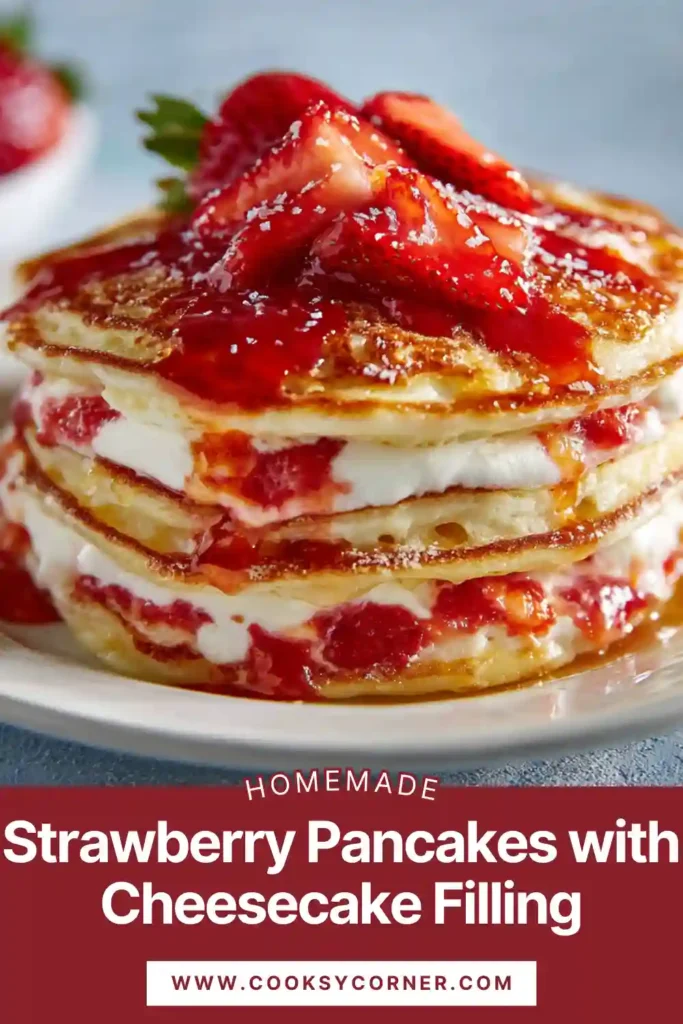 Fluffy strawberry pancakes layered with creamy cheesecake filling and whipped cream.