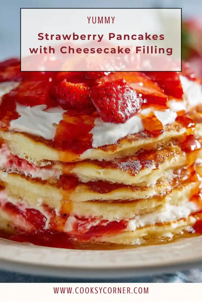 Strawberry Pancakes with Cheesecake Filling stacked and topped with homemade strawberry sauce.