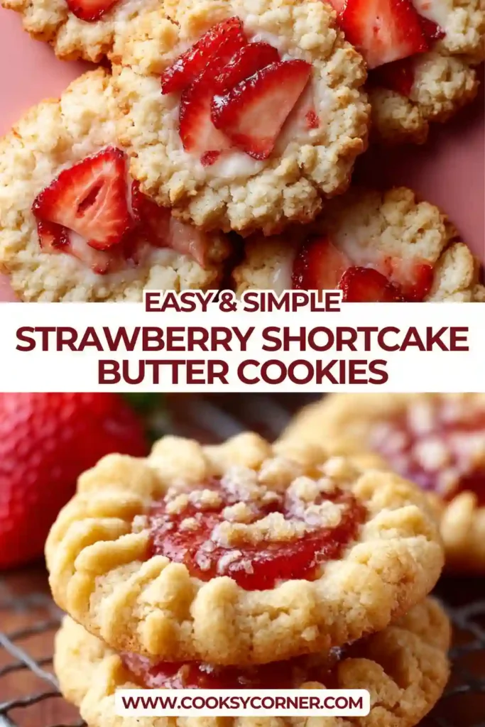 Strawberry Shortcake Butter Cookies topped with fresh strawberry compote, vanilla glaze, and golden shortbread crumbs on a white serving plate. The cookies have soft centers and crisp edges with vibrant red filling.