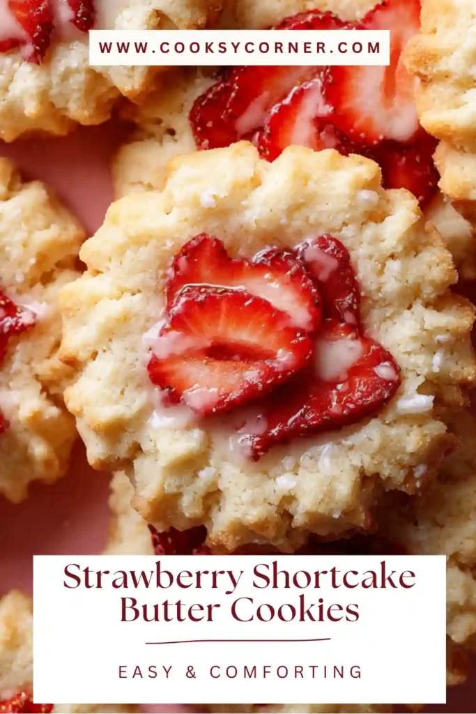 Close-up of Strawberry Shortcake Butter Cookies showing thick strawberry filling and crumbly topping. The buttery cookie base looks tender and lightly golden.