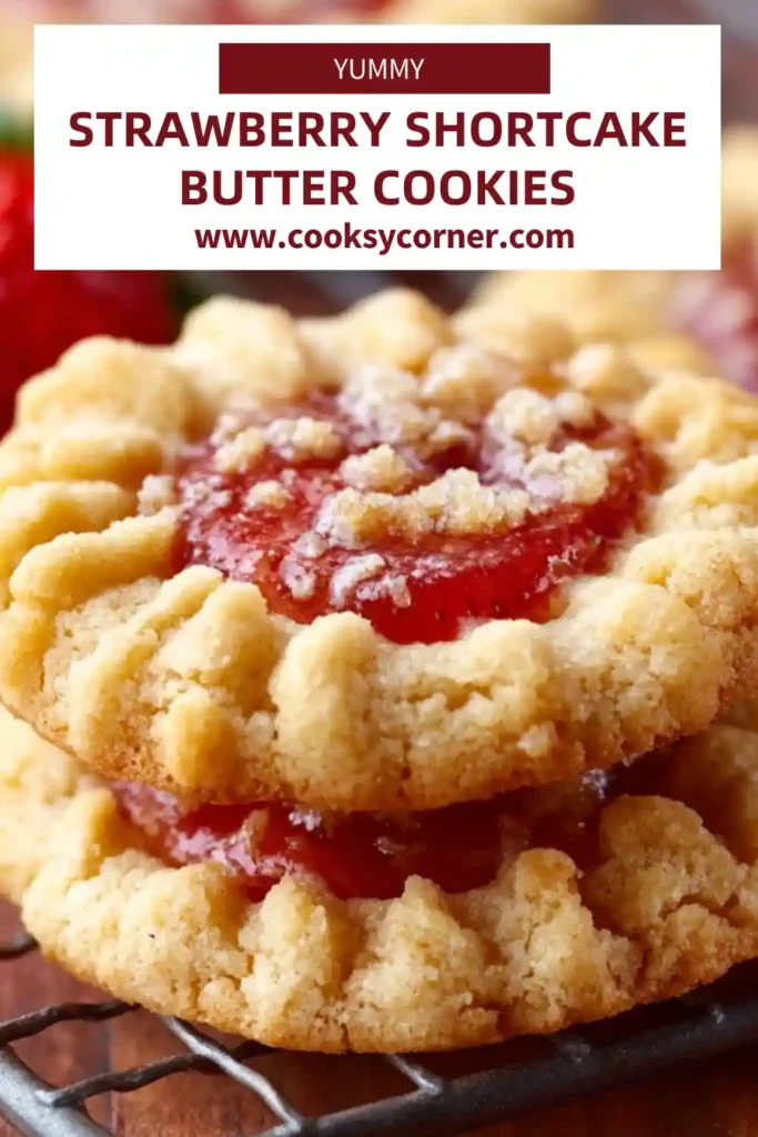 Overhead view of homemade Strawberry Shortcake Butter Cookies arranged on parchment paper with glossy glaze drizzle and fresh strawberry centers.