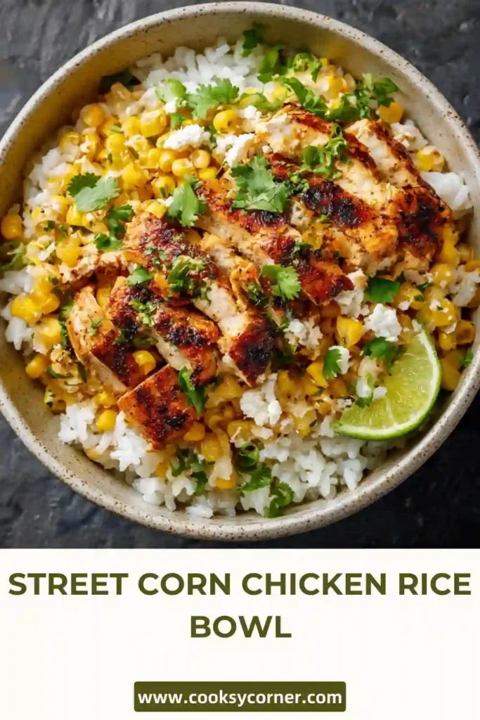 Chicken rice bowl topped with creamy street corn and cotija cheese.