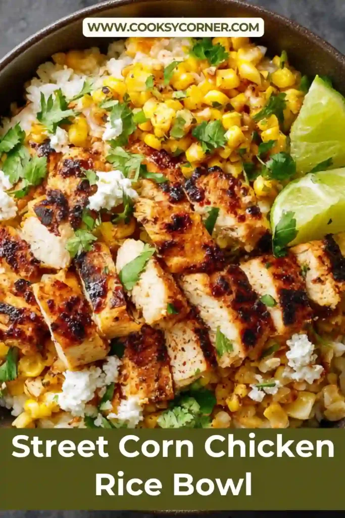 Street Corn Chicken Rice Bowl with sliced chicken, corn topping, and rice.