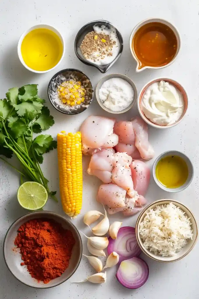 Mexican-style chicken rice bowl with corn and cilantro.