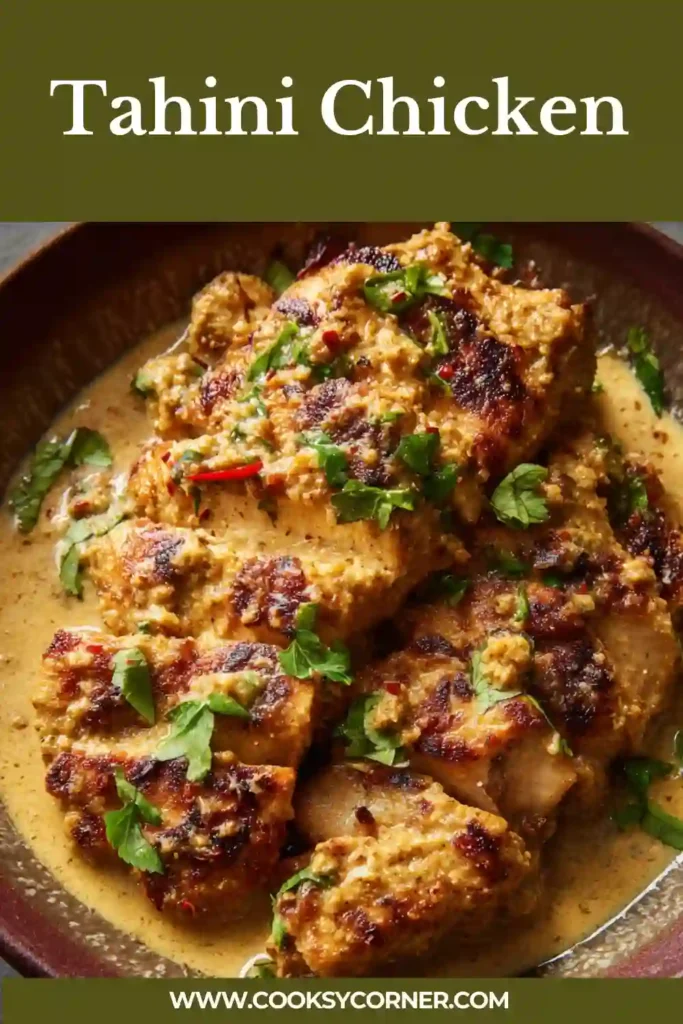 Sesame chicken skillet with tender chicken cubes and glossy tahini sauce.