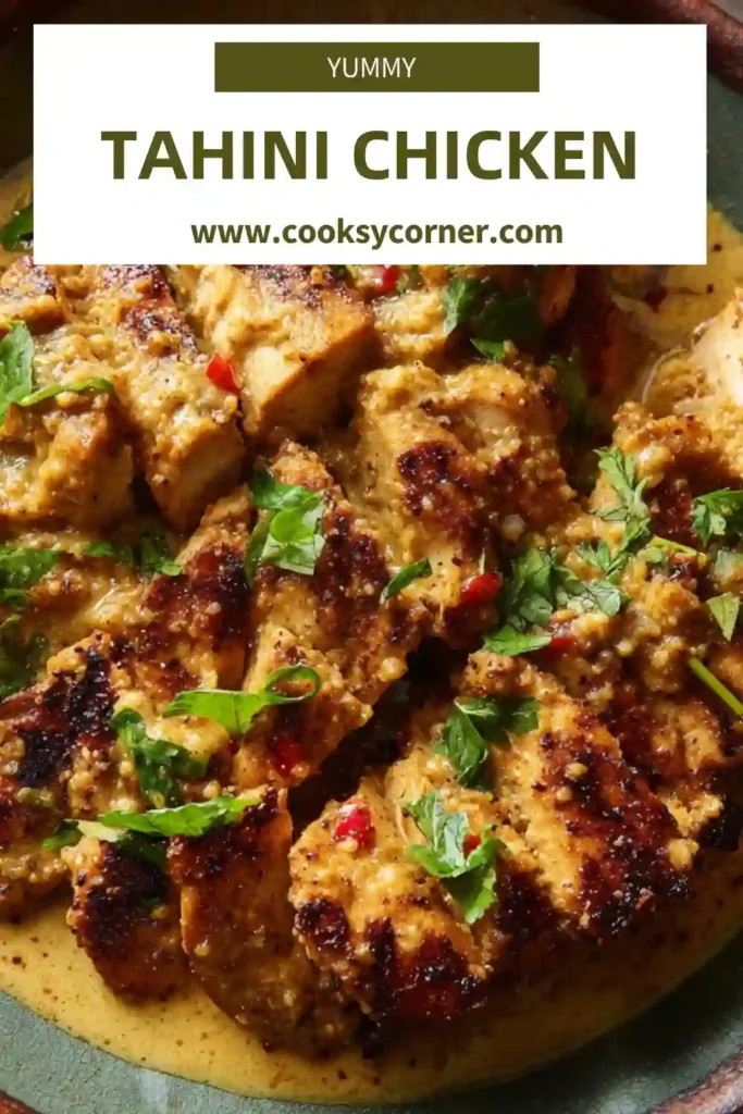 Close-up of creamy tahini chicken coated in honey soy sesame sauce.