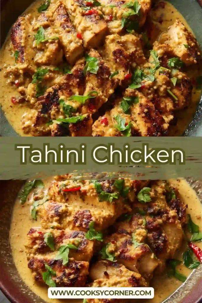 Tahini Chicken served in a skillet with creamy sesame sauce and sprinkled sesame seeds.