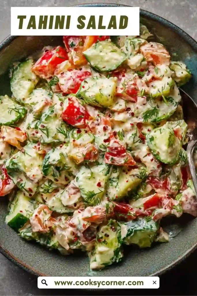 Middle Eastern cucumber tomato tahini salad in a bowl.