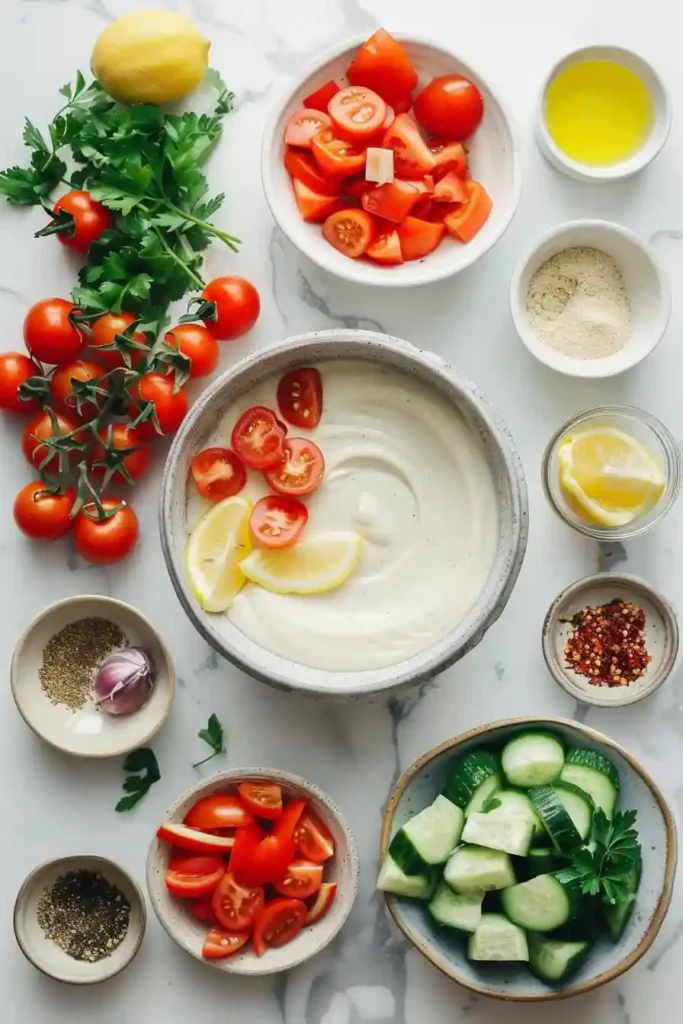 Fresh tahini salad with chopped vegetables and herbs.