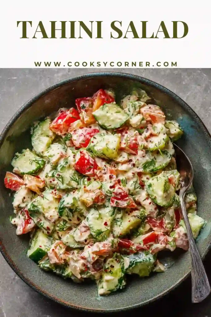 Tahini salad with cucumber, tomato, and parsley in a creamy lemon dressing.