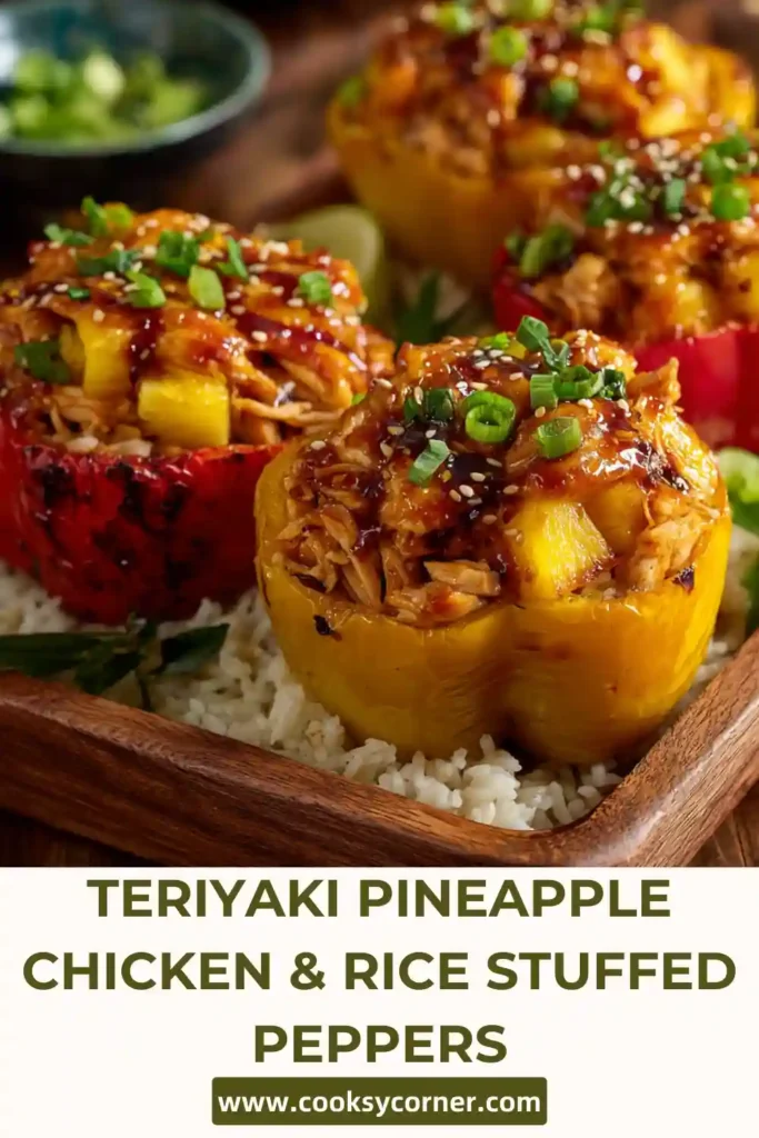 Colorful stuffed peppers with sweet and savory chicken filling.