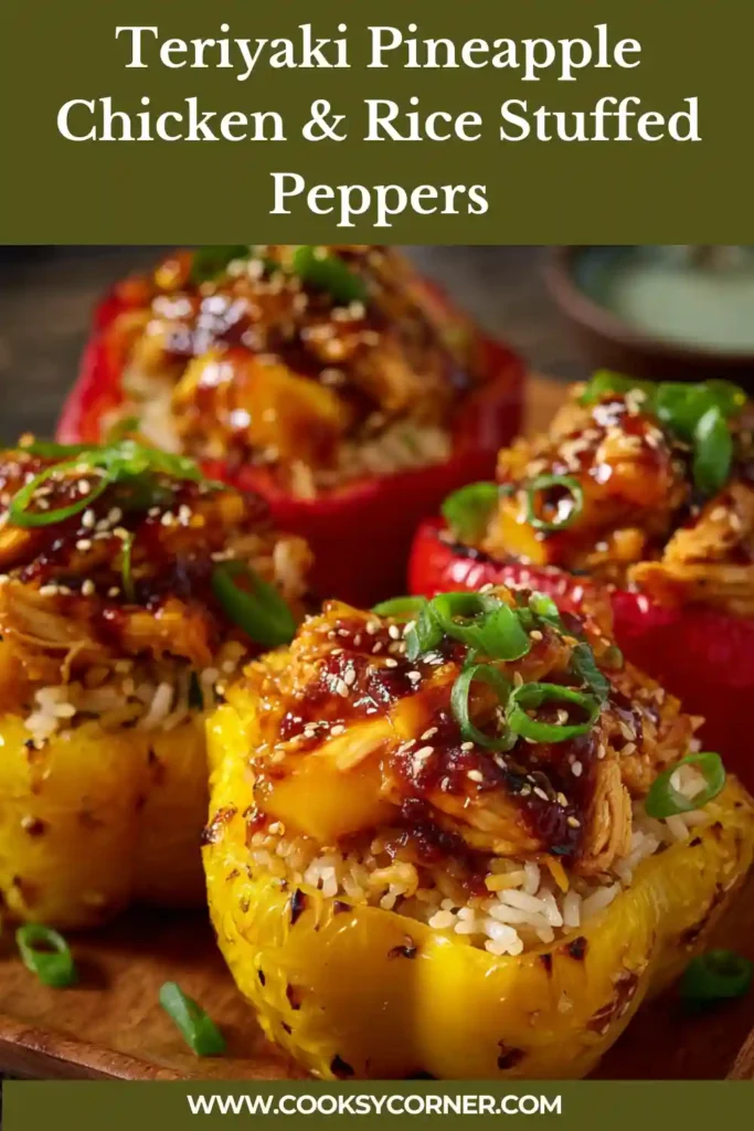 Baked bell peppers filled with teriyaki chicken, rice, and pineapple.