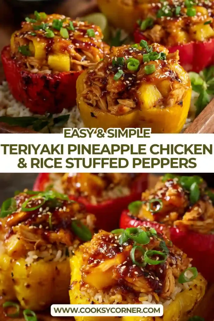 Teriyaki Pineapple Chicken and Rice Stuffed Peppers topped with melted cheese and green onions.